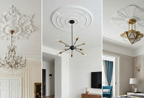 Polyurethane ceiling rosette with rich ornament for a crystal chandelier in a classic interior