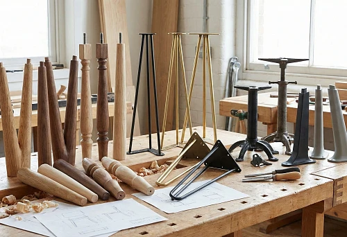 Wooden Tapered Legs for Chairs and Stools, Laid Out on a Workshop Workbench