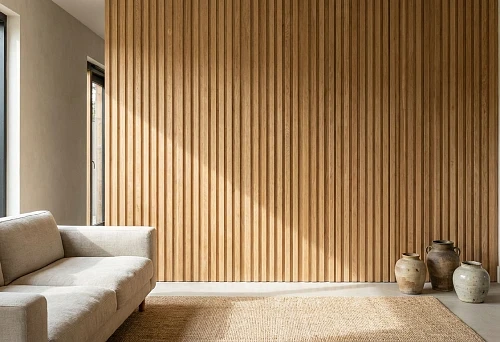 Oak wooden slats on an accent wall in a St. Petersburg living room interior &mdash; warm light shade and solid wood texture