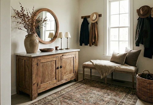 Hallway furniture: wooden console table with stone top and round mirror in frame