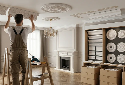 Installation of polyurethane ceiling molding: master installing an ornamental cornice in a classical interior