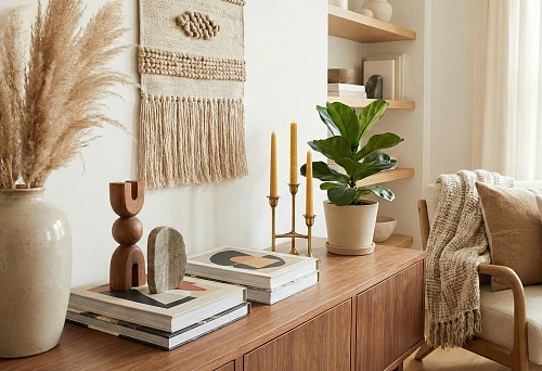 Interior decoration: a cozy area with a wooden cabinet, books, candles, and a wall textile panel