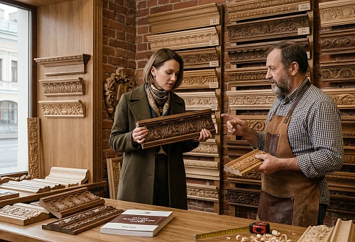 Customer selects carved wooden cornices in a workshop in Moscow for ceiling, furniture, and classic interior
