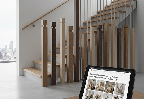 Samples of Wooden Balusters from Different Species by a Staircase in Interior Design