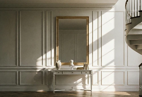 Wall finishing with moldings: classic panels in a light hall and staircase, proportioning according to the golden section