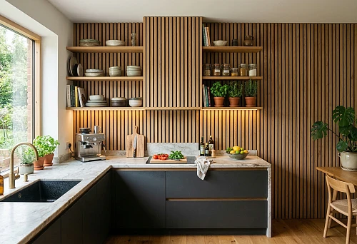 Slat panels for the kitchen in a modern interior with open shelves and built-in lighting