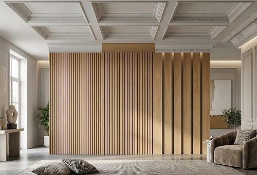 Width of slatted panels and polyurethane moldings in a modern interior with a well-thought-out rhythm