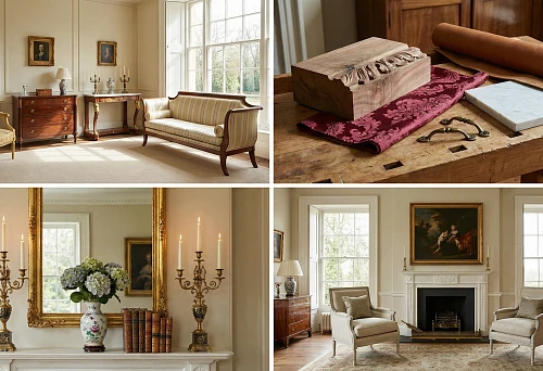 Classic furniture in a bright living room: chest of drawers and console by panoramic windows, sofa with striped upholstery and armchair