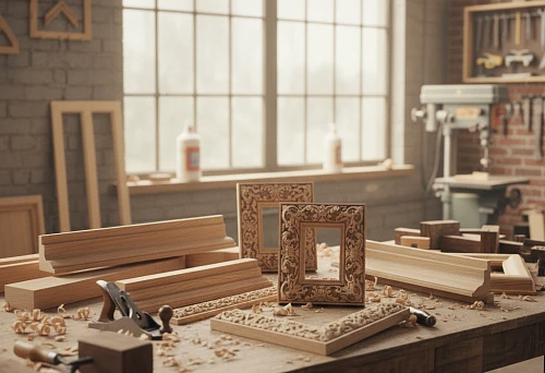 Wooden moldings and carved baguettes on the workshop table in Moscow