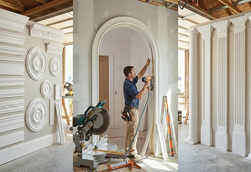 Polyurethane moldings and stucco: stand with samples of profiles, cornices and rosettes for selecting shape and relief