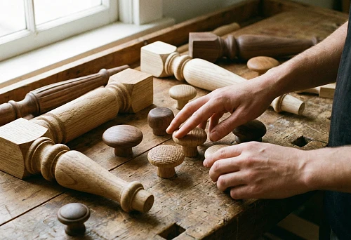 Wooden furniture handles and turned furniture legs on a workbench: a master selects shapes and textures of natural wood to refresh the interior.
