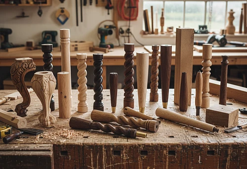 Set of furniture legs and supports in a carpentry workshop: carved, screw, conical, cylindrical and square wooden models