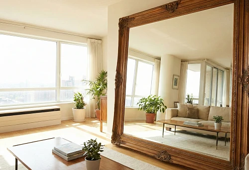A large floor mirror in a massive wooden frame in a bright living room reflects panoramic windows and a sofa, visually increasing the space and light of the room