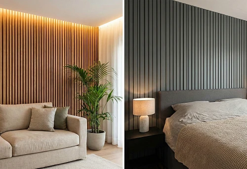 decorative battens made of natural wood with backlighting behind the sofa