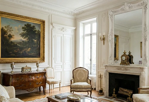 Polyurethane baguette in a classic interior: framing a painting and mirror above the fireplace