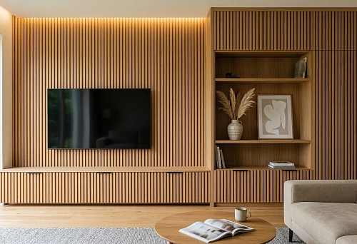 Slatted panels and moldings for furniture in a living room interior with a TV zone and built-in fronts