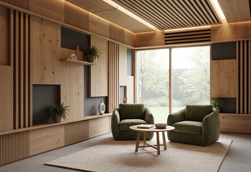 Wooden Finishing for Silence: Wall Panels and Ceiling Slats, Acoustic Comfort in a Modern Living Room