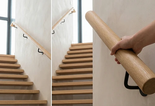 Round wooden handrail on the wall along the stairs, mounted on black brackets, light steps and a tall window opening.