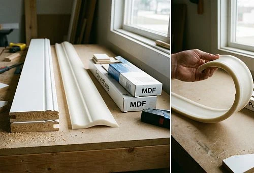 On the workshop table lie MDF and polyurethane moldings, tools, and material packages