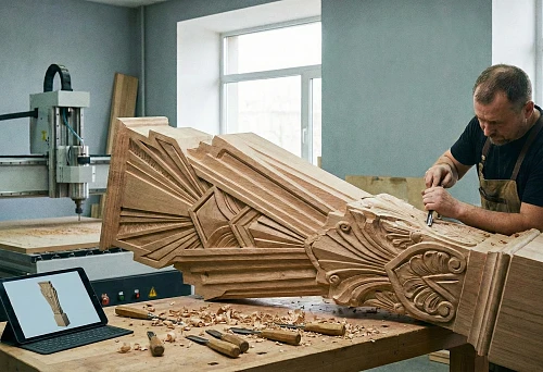 A master manually finishes a carved art deco baluster detail &mdash; production 2026