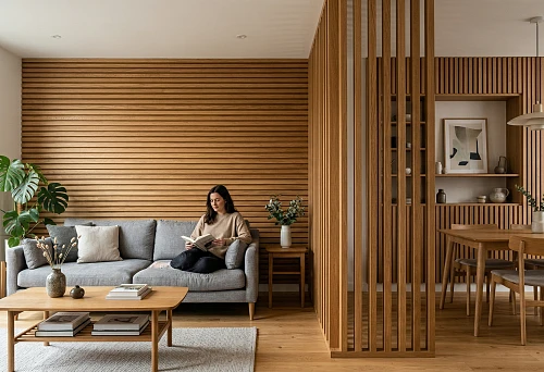 Decorative wooden slats in the living room interior with space zoning