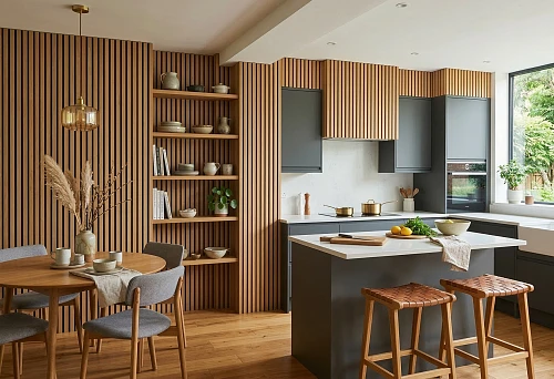 Slat panels in a kitchen interior with an island, dining area, and open shelves