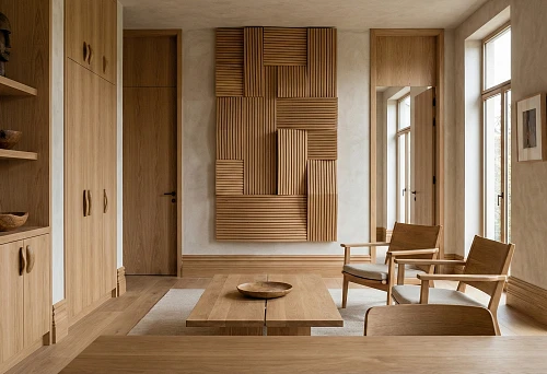 2026 interior with comprehensive use of wooden products: furniture handles, wooden baseboards and wall decor from solid wood in a single tone.