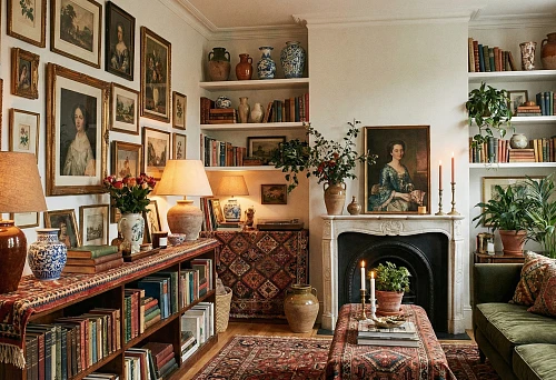 Cozy living room with a fireplace, gallery wall in gold frames, bookshelves, rugs, candles, and a green sofa