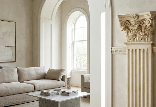 Capital and pilaster in the living room interior: classic wall finishing and order decor