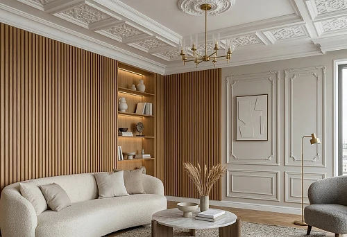 Buy slatted panels in Kazan and polyurethane stucco in a light interior with expressive rhythm and architectural relief