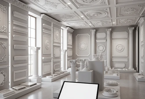 Showroom with polyurethane decorative elements for walls and ceilings