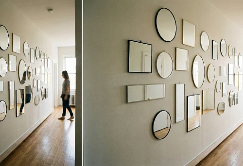Mirror gallery in the hallway: many small mirrors in narrow frames on the wall and a thin white baseboard along the floor