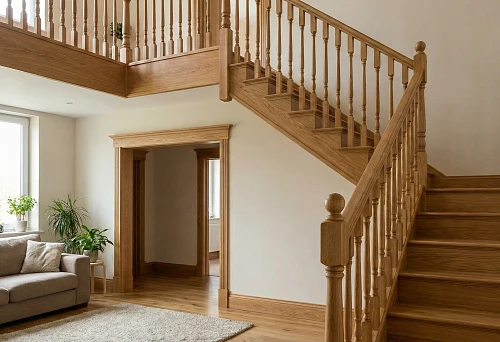 Balusters for stairs and solid wood casing in the interior of a two-level apartment &mdash; unified style, coordinated proportions, natural wood texture, and cohesive spatial architecture.