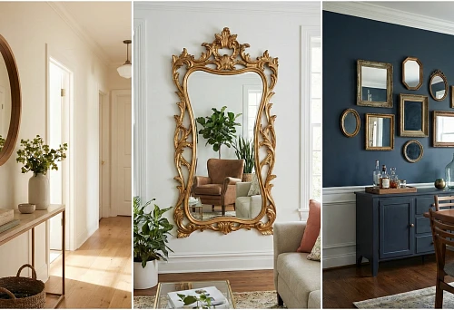 Framed Interior Mirrors as Accents: Oval Mirror in Wooden Frame in a Light Hallway, Large Mirror in Carved Gold Frame