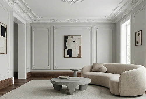 Bright classic living room with polyurethane cornices and moldings, wooden skirting boards, and modern furniture