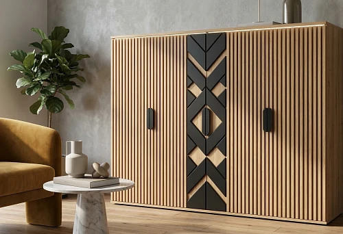 Cabinet with slatted panels on facades and decorative accents in a modern interior
