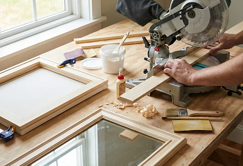 DIY molding for painting &mdash; the master cuts the molding profile on a miter saw, clamps on the table, glue, and finished frames for pictures and mirrors