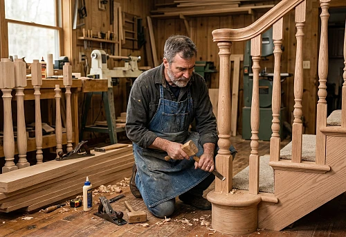 Handmade Railings and Balusters: A Craftsman Installing Wooden Stair Railing in the Workshop