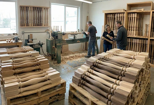 Production of turned balusters: baluster blanks on pallets and a lathe in the workshop