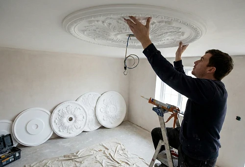 Ceiling rosette made of polyurethane for a chandelier: example of installing a large ornamental circle on a white ceiling