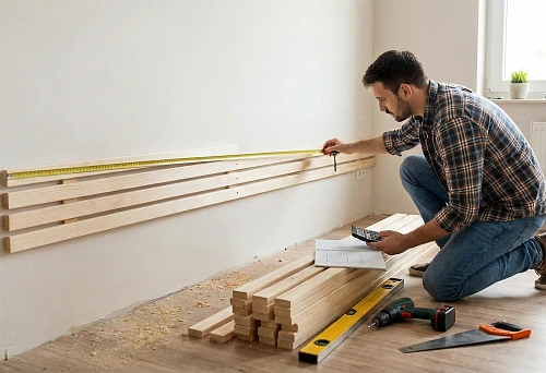 Installing wooden slats on the wall yourself: a master marks the spacing with a tape measure and level