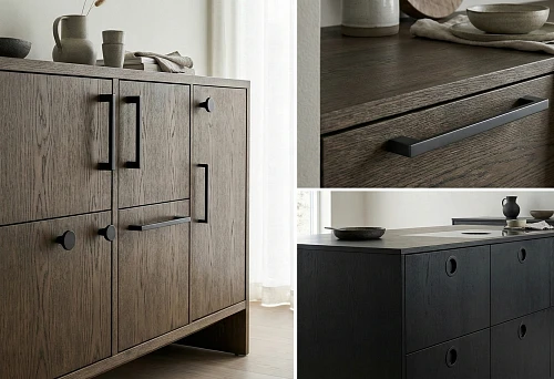 Wooden chest of drawers with black matte bracket handles and round buttons in modern style