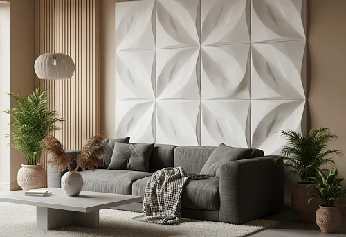 Living room with white 3D panels, wooden slats and gray sofa