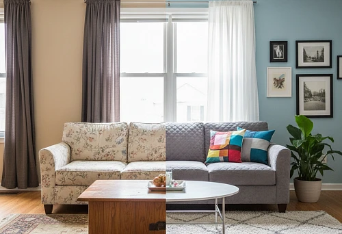 Interior before and after update: changing wall color, sofa, textiles, and decor