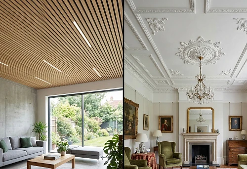 Comparison of interiors with slatted ceiling panels and ceiling moldings for an informed choice based on photos