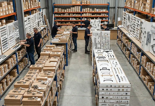 Furniture hardware warehouse: displays with handles, hinges and mechanisms, staff assembling orders