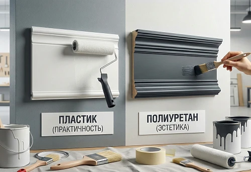 Comparison of plastic and polyurethane moldings for painting: white paint is applied with a roller to the plastic molding on the left