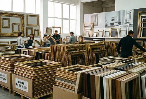 Wide selection of molding frames: carved gold, wooden, and modern models, displayed on shelves