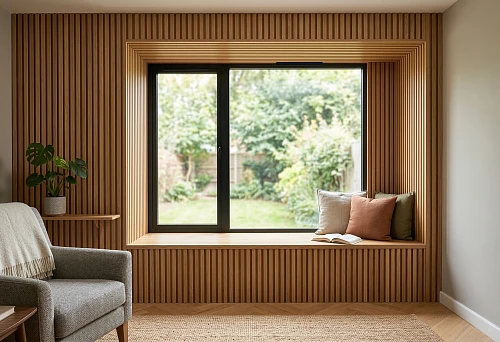 Slopes from slatted panels around a window in a modern interior with a deep niche