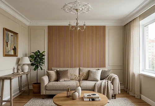 Buy slat panels in Tula and decorative molding in a bright living room interior with classic moldings and an accent wall